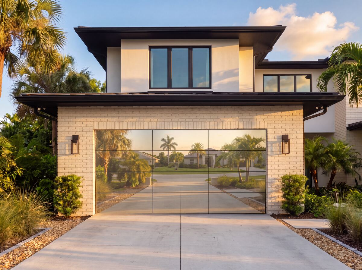Modern Garage Door with mirrored glass panels on a two-story home, reflecting palm trees and the driveway in warm evening light